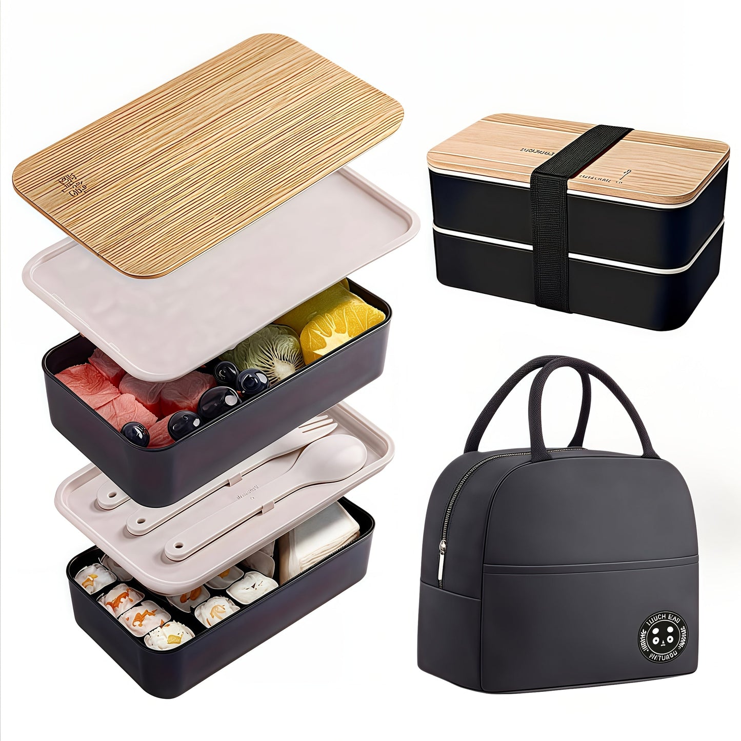 Single Set Bento Lunch Box with Insulated Bag, Microwave Safe, Leakproof Plastic Containers with Bamboo Lids, Adjustable Dividers and Utensils, Perfect for Work, Picnics - Christmas Gift Packaging Included