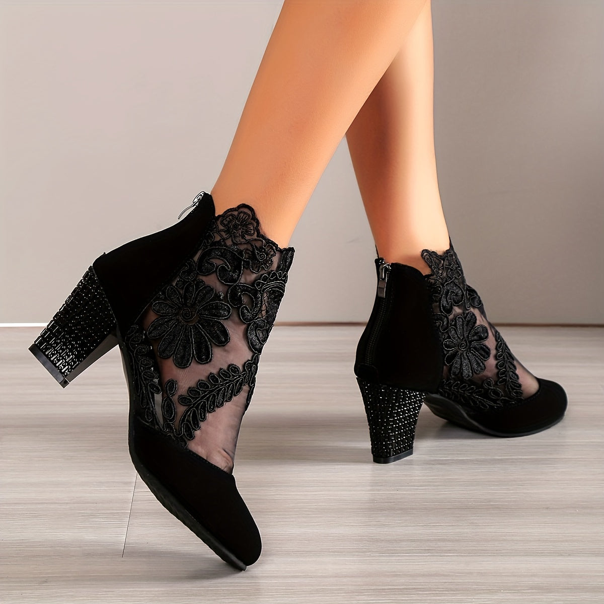 Mesh block heel boots with floral embroidered back zipper, versatile ankle boots for women.