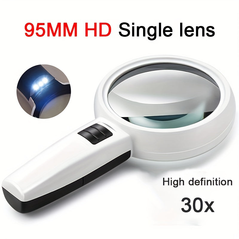 Handheld magnifying glass with 30X and 45X lenses, LED light, and mini pocket size for jewelry and reading magnification.