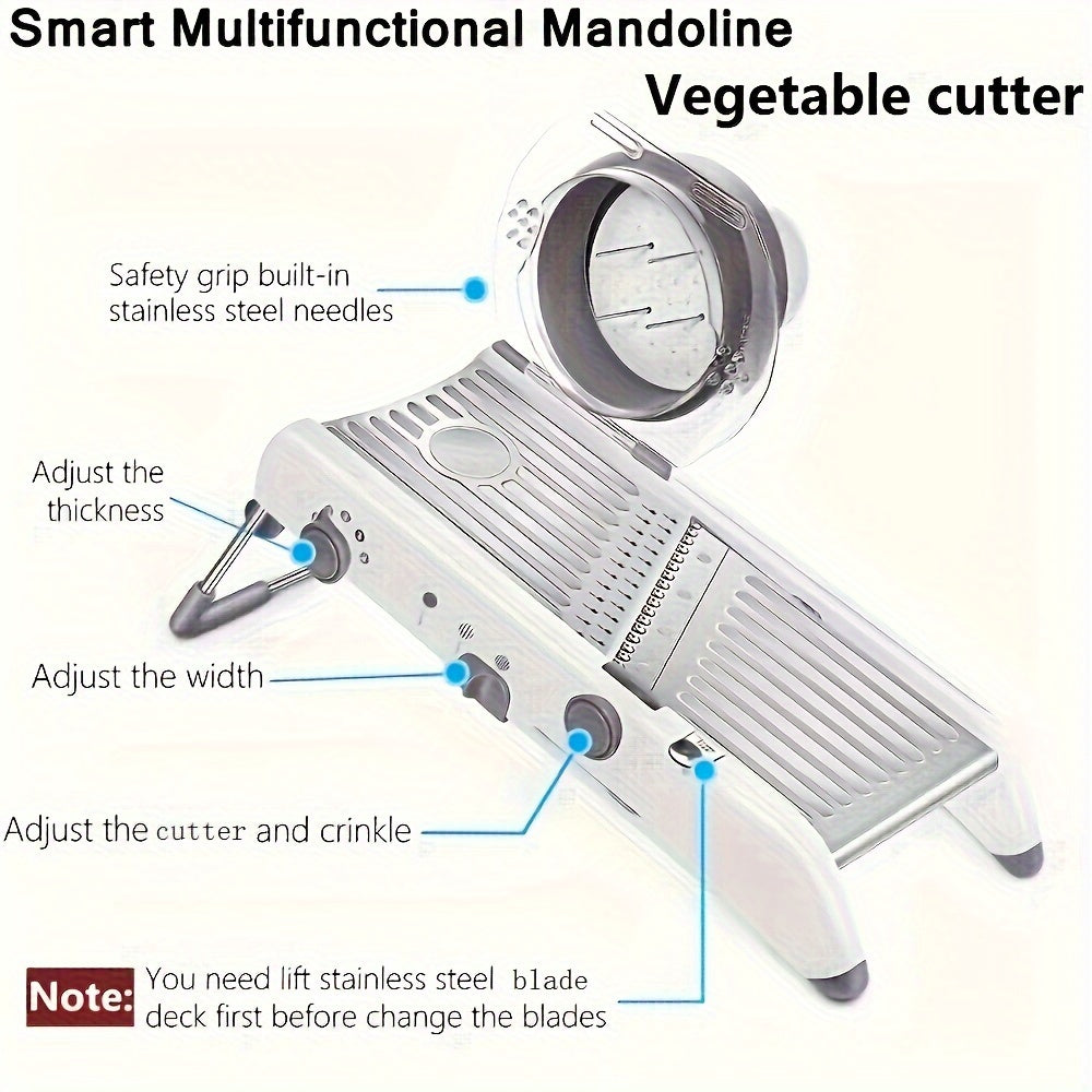 Professional grade stainless steel mandoline slicer capable of adjusting to 18 different sizes, perfect for slicing vegetables such as onions and potatoes. Safe and easy to use, this kitchen accessory is a must-have for any cook.