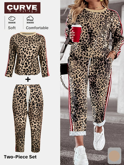 Plus size leopard print two-piece set with soft knit top and pants, drawstring waist, casual style, stretchy fabric.