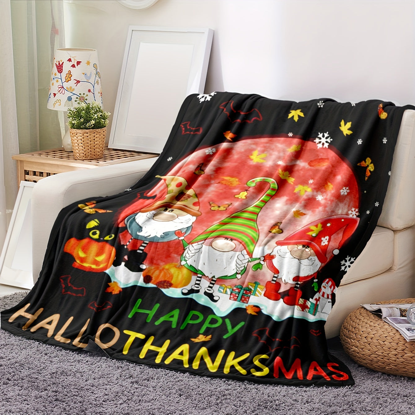 Праздничный веселый гном Holiday Throw: мягкое флисовое одеяло размером 127,0x152,4 см - идеально подходит для дома, автомобиля или кемпинга. Отлично подходит для добавления рождественского, благодарственного или хэллоуинского декора.