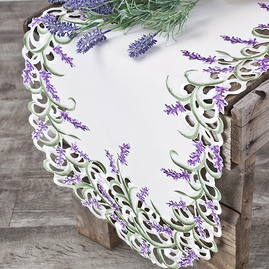 1pc Lavender Lace Embroidered Table Runner, Floral Hollow Out Fabric, Vintage Elegant Long Dresser Runner, Home Kitchen Decor.