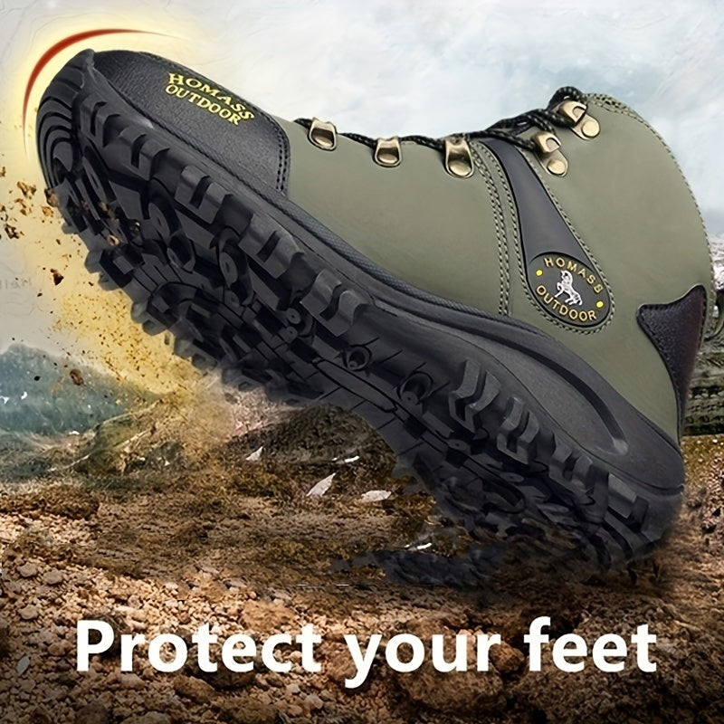 Vintage-style men's hiking boots with warm, durable, non-slip design and elastic ankle support. PU upper, rubber sole, lace-up closure. Ideal for all-season adventures.