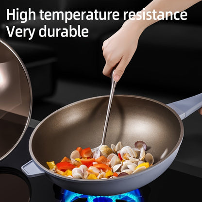 Set of 2 or 4 Non-stick Woks with Lids, includes steamer and spatula. Versatile Household Frying Pan suitable for Gas Stove or Induction Cooker. Features Round and Flat Bottom for Stir-frying. Universally compatible.