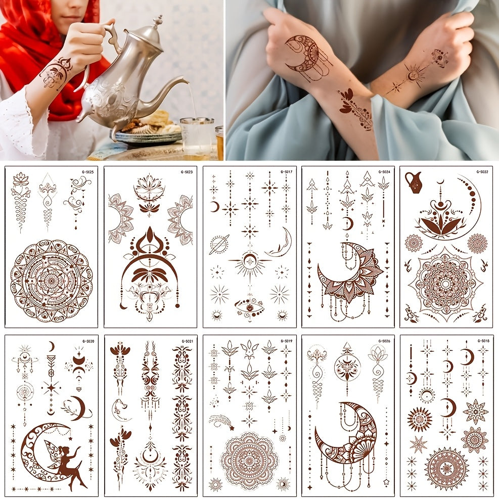 10 Eid Mubarak temporary tattoos featuring moon, stars, and mosque motifs for festive Eid Al-Adha celebrations. Ideal for face and body decoration.