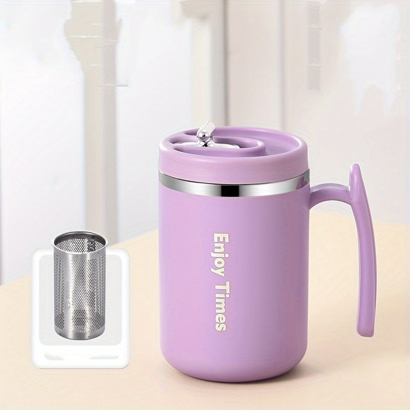 Stylish stainless steel coffee mug with straw, handle, perfect for office, reading, camping. Available in orange, light blue, cream, ideal for drinking coffee or tea.