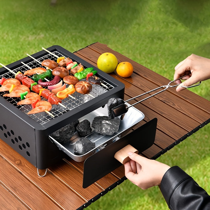 Square portable indoor barbecue grill set made of durable metal materials, with detachable legs and cooking rack, featuring an ash pan. Lighter not included. Ideal for home use.