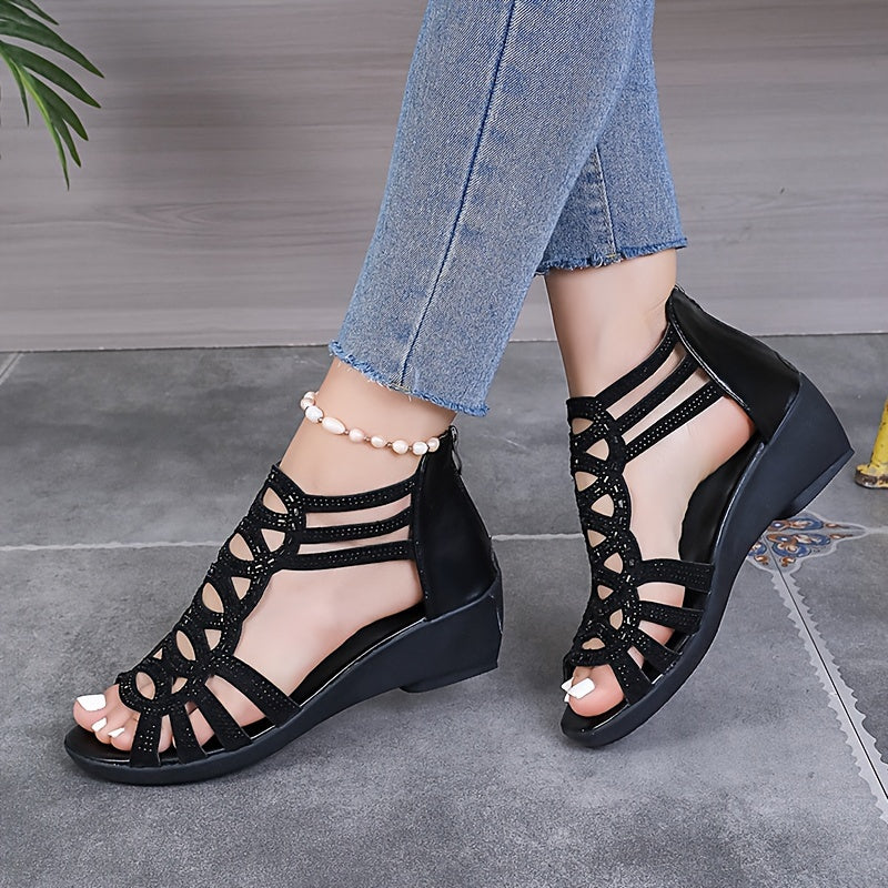 Women's platform wedge sandals with soft soles and rhinestone embellishments.