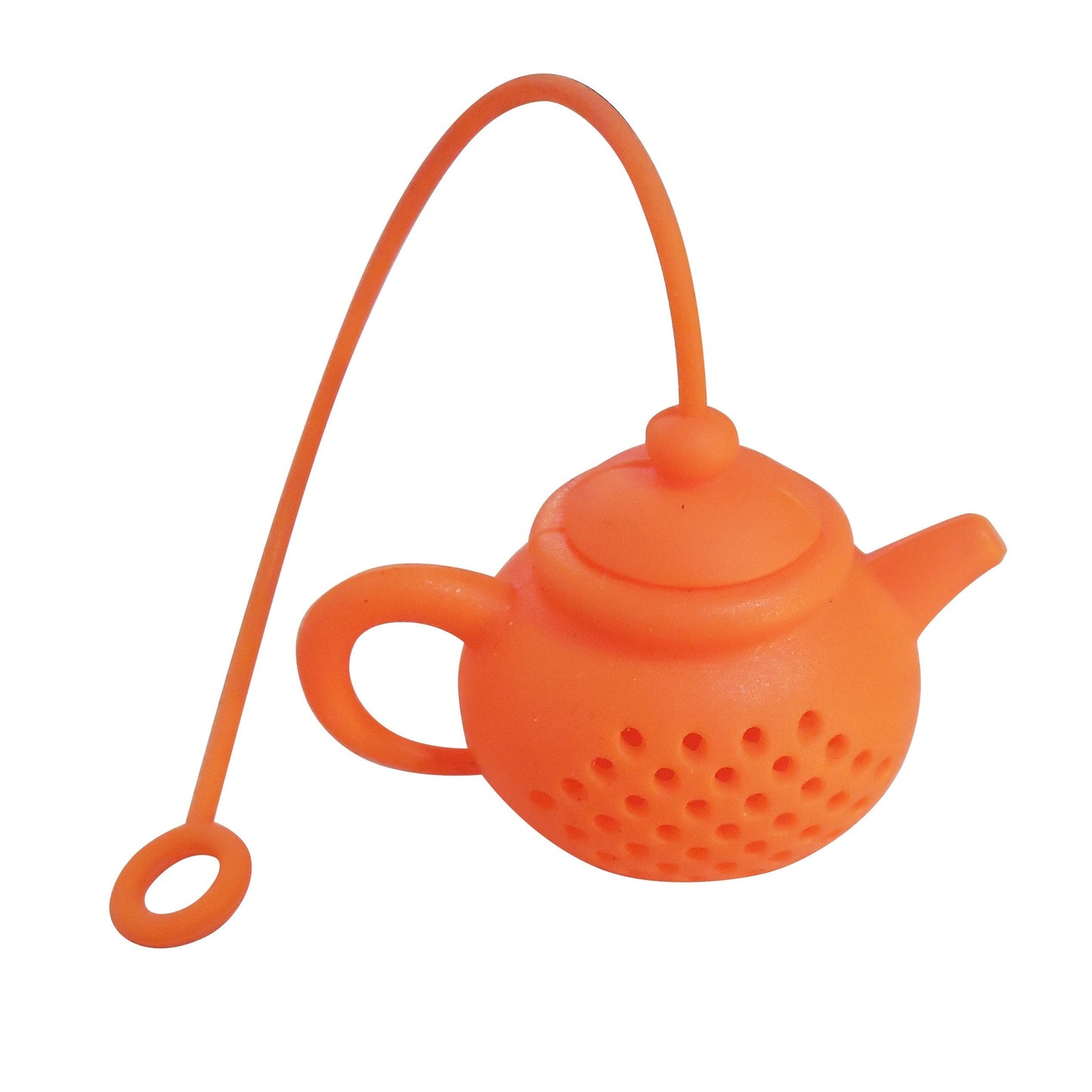 Reusable teapot-shaped tea infuser made of silicone for loose leaf tea, ideal for kitchen and dining use, small in size suitable for making tea.