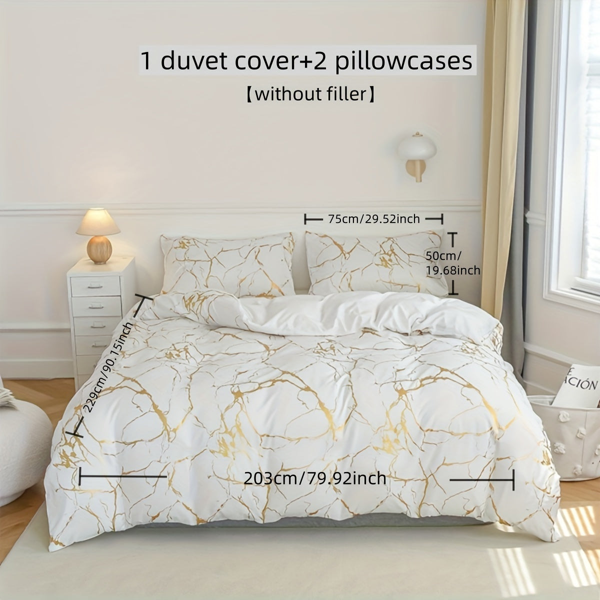 2/3pcs Flocked White Marble Pattern Quilt Cover with Glitter Golden Foil Print Bedding Set, Soft Super Fine Bedding Quilt Cover with 1 Quilt Cover and 1/2 Pillowcase. No filling included.