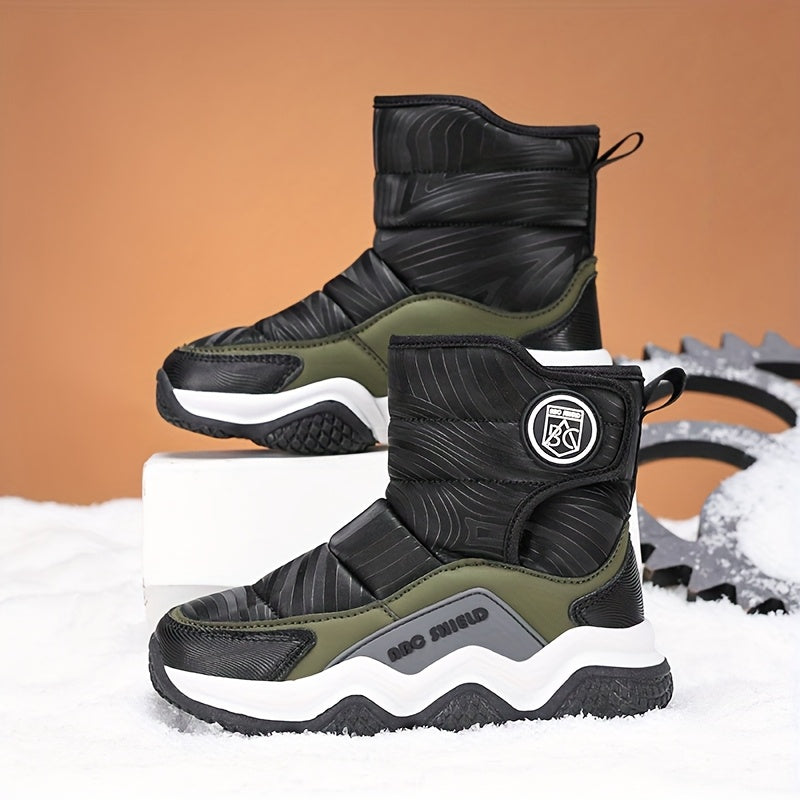 Winter snow boots for kids with warm fleece lining, high-top, non-slip sole, and hook-and-loop closure - cozy and stylish for boys and girls.