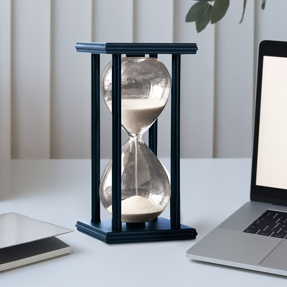 30-minute vintage black wooden hourglass sand timer for home or classroom decor.