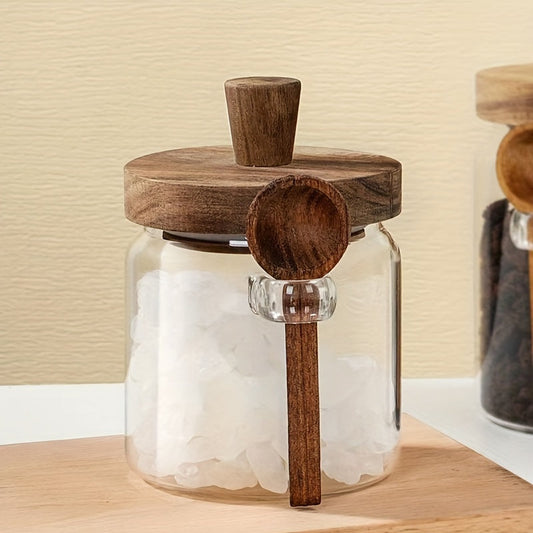 Glass sealed jar with wooden spoon for seasoning, kitchen food storage, and moisture-proof condiment storage. The wooden lid comes with a spoon for convenient use. Perfect for storing coffee beans or any other 500ml/17oz of food items in the kitchen.