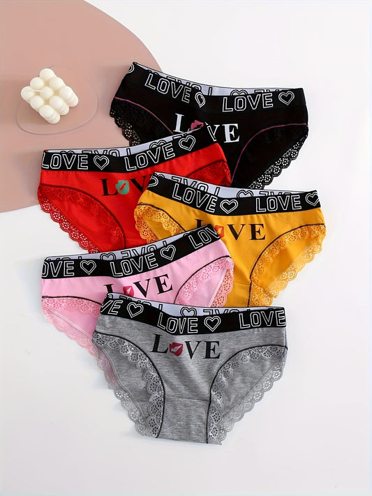 5 Contrast Lace Letter Print Briefs, Comfy Scallop Trim Panties, Women's Lingerie & Underwear