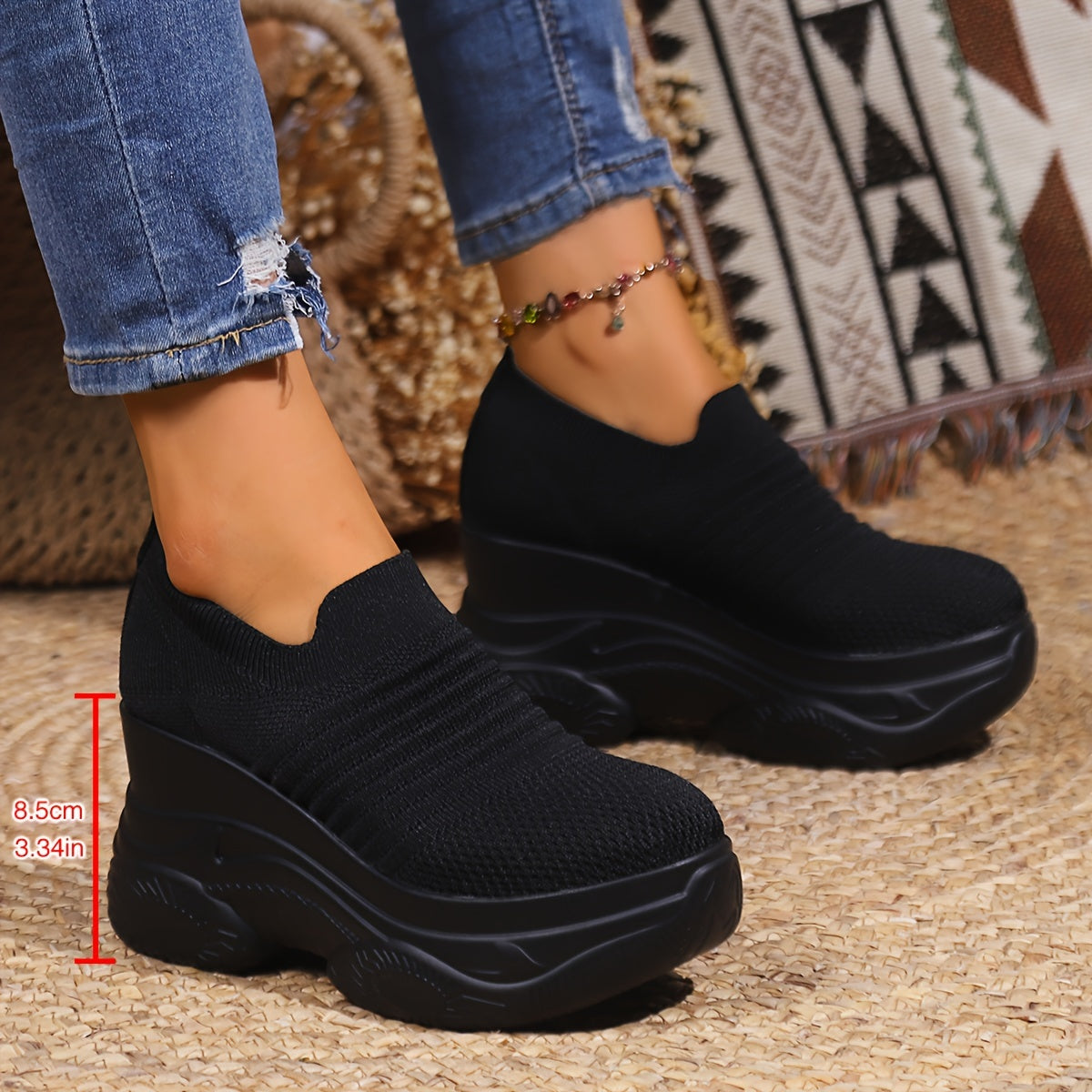 Women's slip-on sneakers with striped design, lightweight knit material, and thick platform sole for year-round wear.