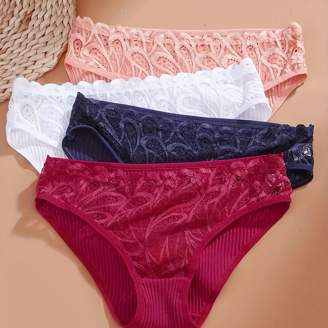 Set of 4 elegant lace triangle briefs, comfortable and breathable for autumn and winter.