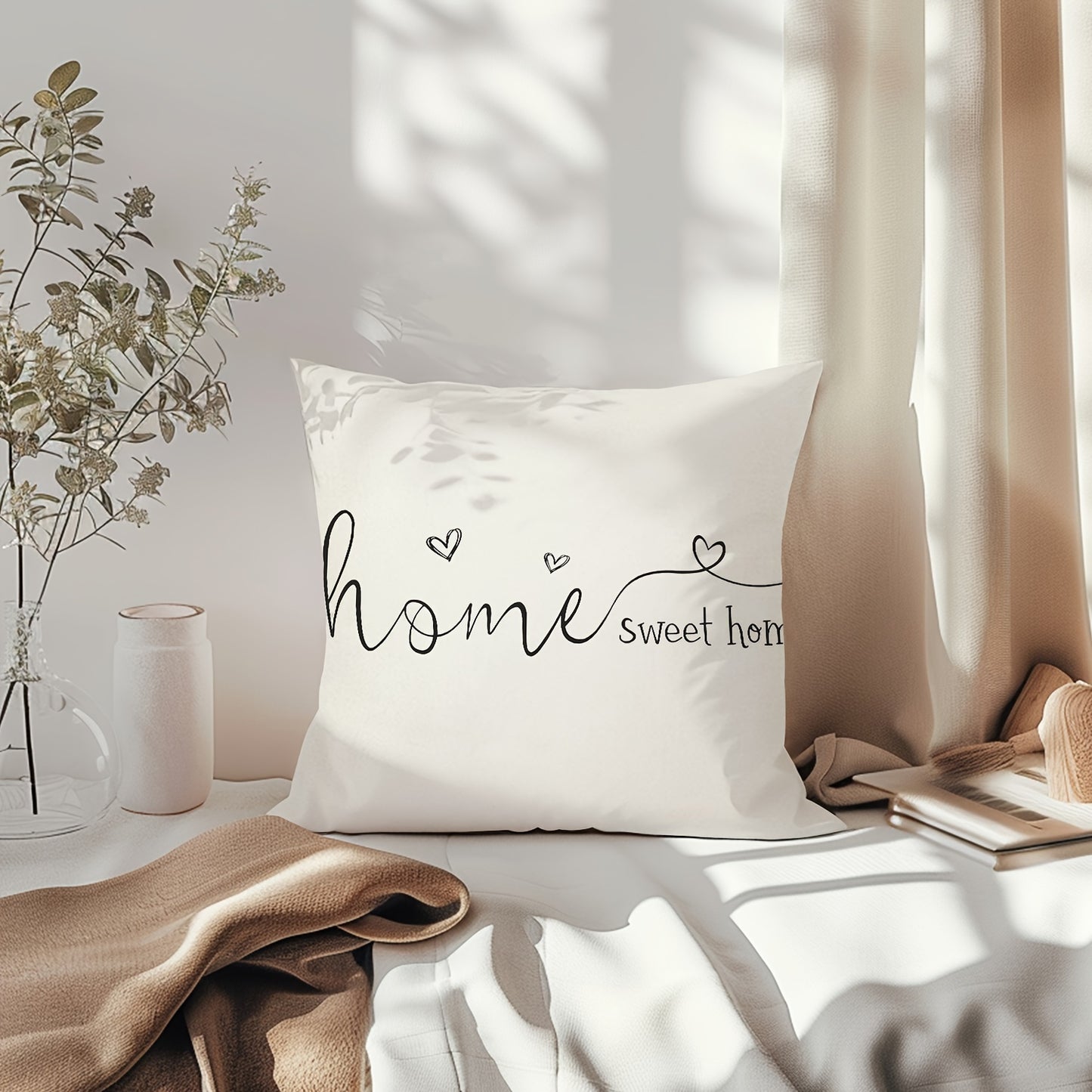 Cozy farmhouse throw pillow cover with "Home Sweet Home" design. Rustic cabin style made of 100% polyester, zippered for easy washing. Available in two sizes, perfect for couch or sofa decor. Insert not included.