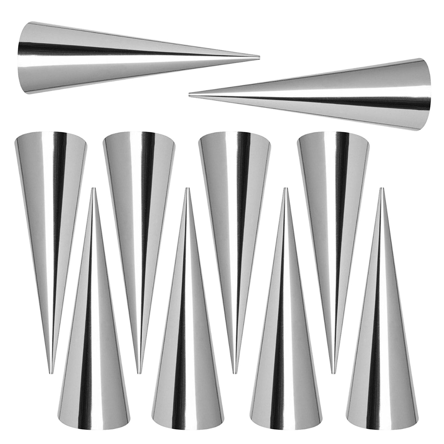 Set of 30 stainless steel cone-shaped molds for making croissants, cannolis, cream rolls, puffs, waffle cones, and more baking supplies and kitchen gadgets.