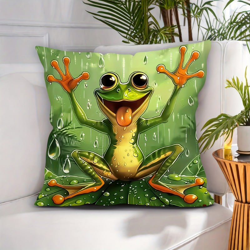 Decorate your home, office, or party with this 45.72x45.72 cm Modern Abstract Frog in Rain Design Throw Pillow Cover. Made of soft, machine washable polyester with a convenient zipper closure, this frog pillow is comfortable and suitable for various