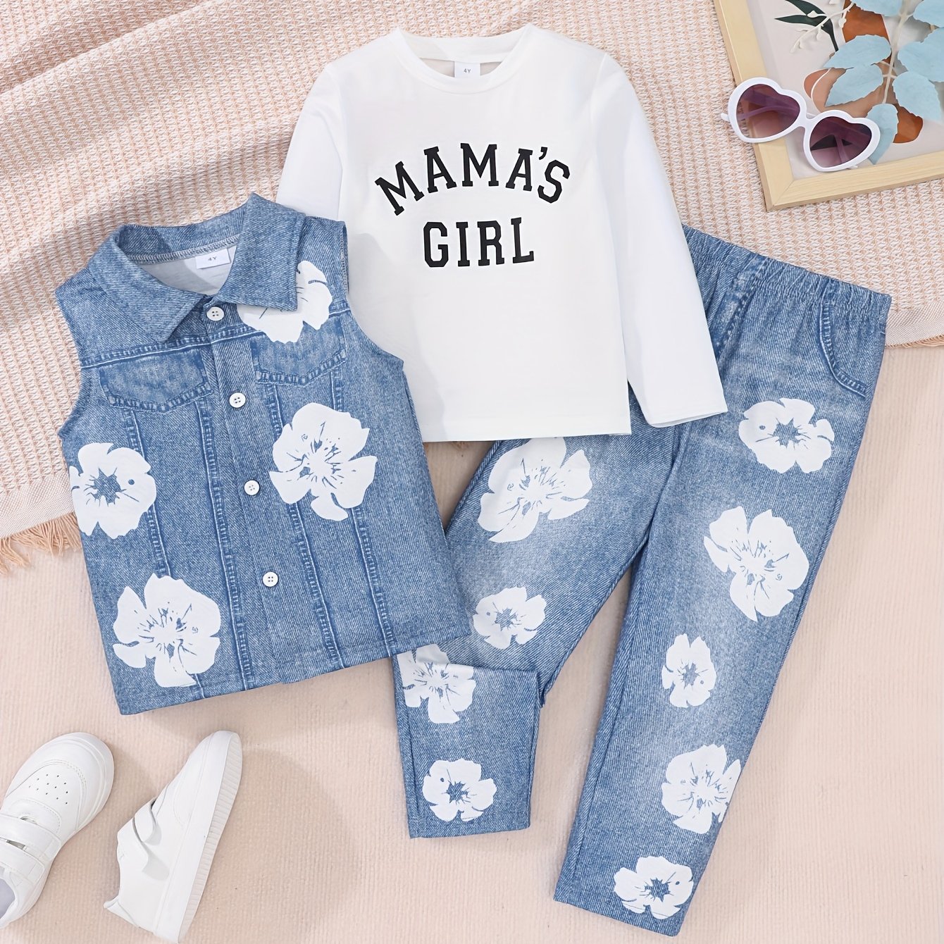 Chic street style girls' outfit: "Mama's Girl" printed denim vest & white long sleeve tee with floral jeans - casual knit fabric for spring/fall, perfect for outdoor wear.