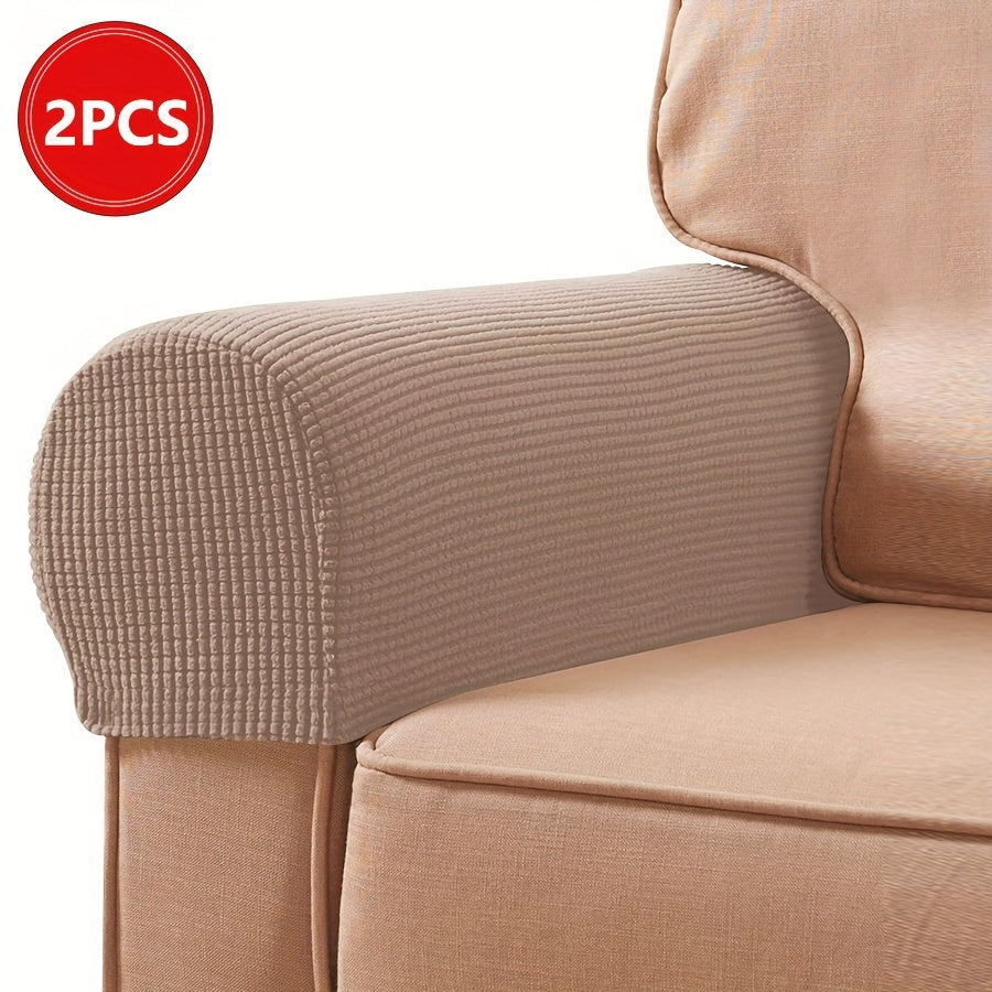 2 Stretch Armrest Covers made of durable spandex blend with plush texture. Scratch & dust resistant, and machine washable. Fits single to four-seater sofas & recliners in various colors.