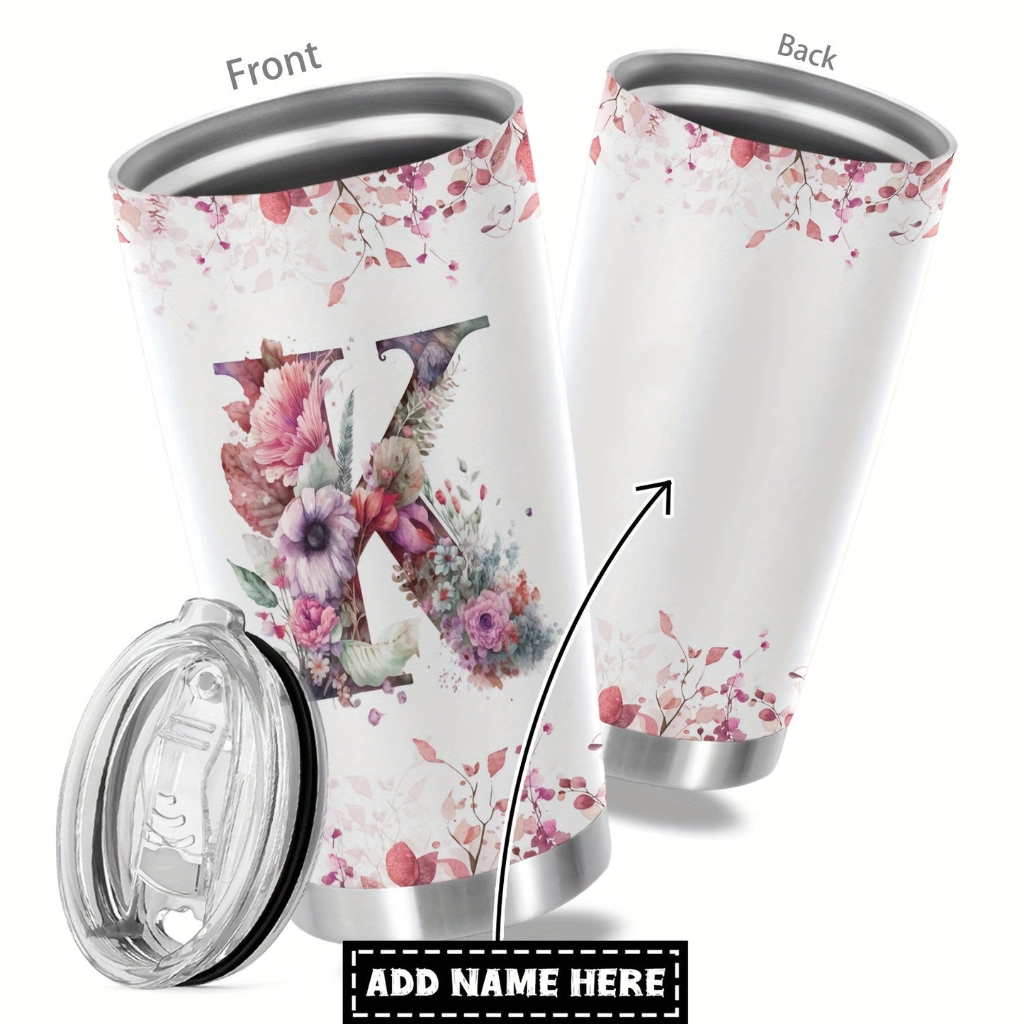 Customize your daily essentials with our Hsdiokl 20oz Insulated Stainless Steel Tumbler featuring a personalized name and flower design. This oval metal mug comes with 2 BPA-free lids, perfect for hand washing and multipurpose use. Designed for adults