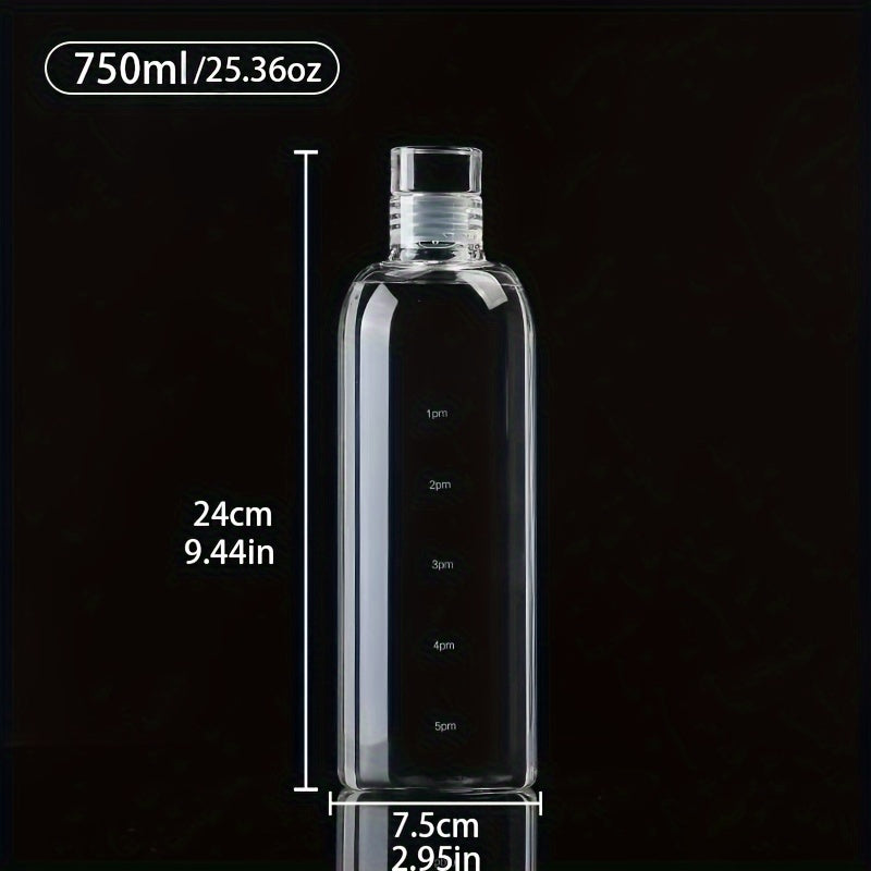 BPA-free glass water bottle with time marker for outdoor use, available in four sizes.