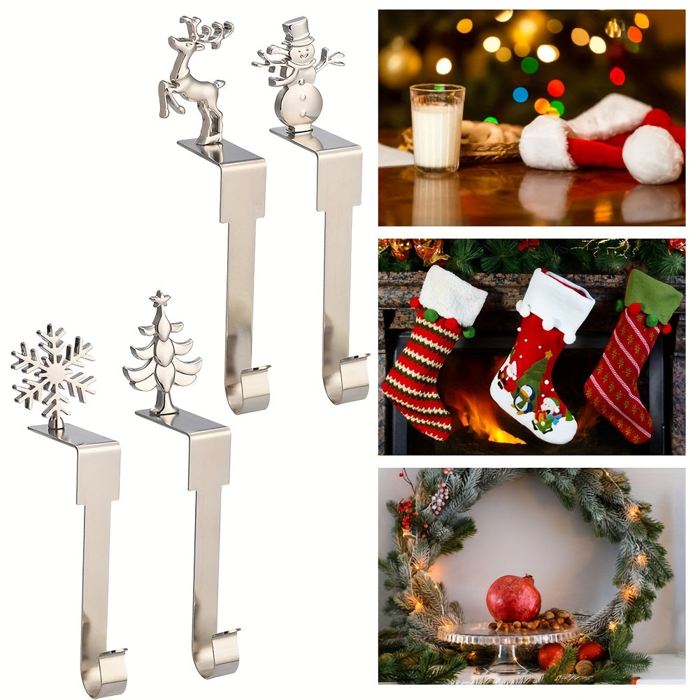 Set of 2 Christmas Mantel Stocking Holders - Stainless Steel with Silvery Finish, Decorated with Santa Claus, Snowman, Elk, and Snowflake Designs, Complete with Hooks