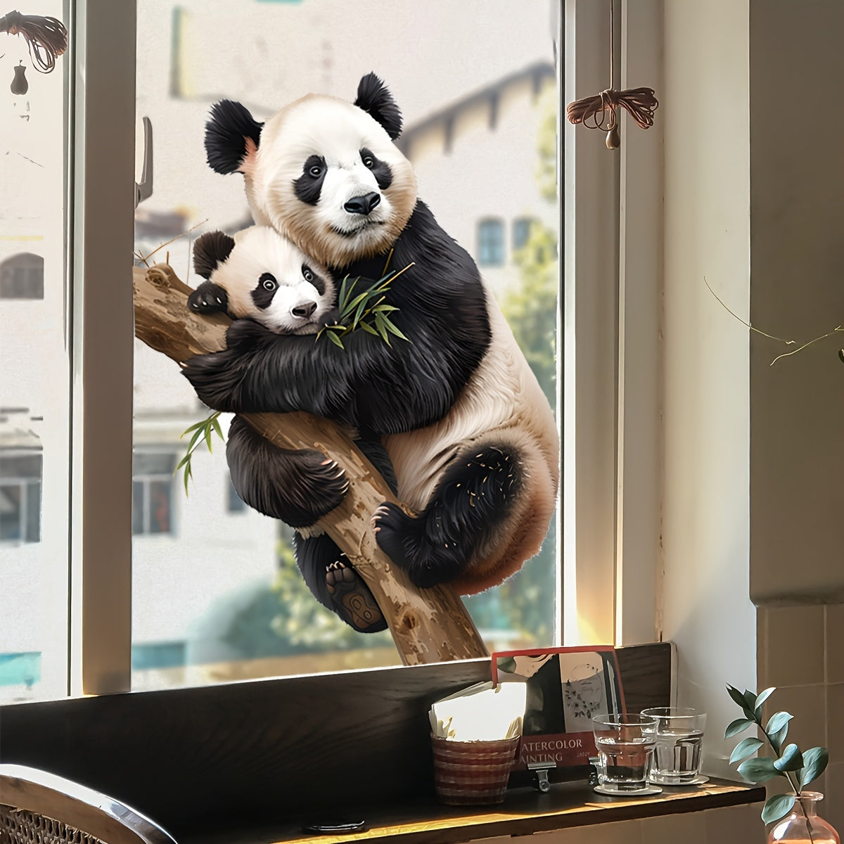 Dual-Sided Window Cling featuring a Realistic Panda Family - Reusable Vinyl Decal with Electrostatic Adhesion for Home and Office Decor