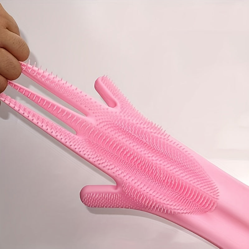 Best-Selling: Set of 2 pink and blue dishwashing gloves for household chores, kitchen use. Made of durable silicone rubber Faux Leather, these gloves are waterproof and perfect for washing clothes, vegetables, and dishes. They are a must-have cleaning