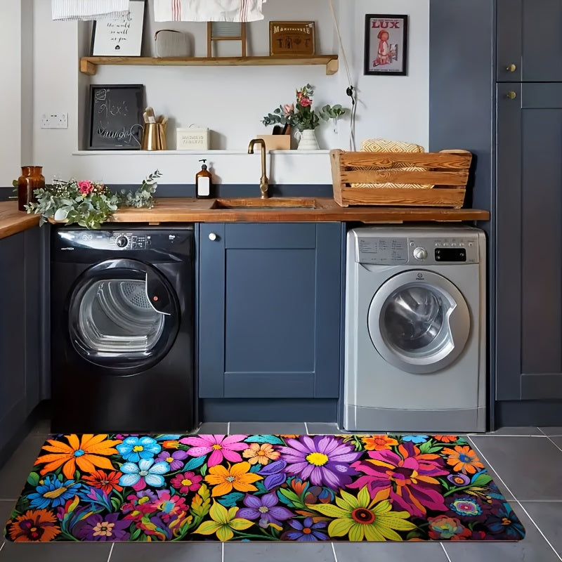 This Vibrant Floral Kitchen Mat is 1 piece, measuring 0.8mm thick. It is soft and thickened, making it perfect for use in the laundry room, bathroom, living room, or bedroom. The mat features a colorful flowers design and is made of 100% polyester. It is