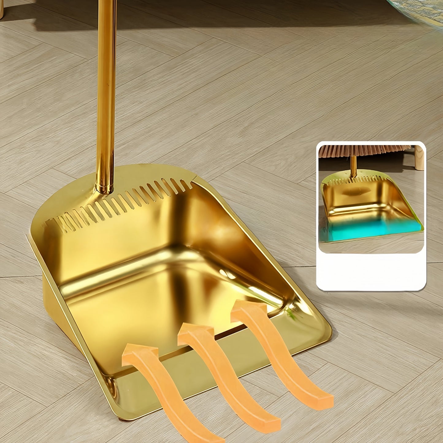 Two-piece set of durable stainless steel garbage shovel and water scraper with golden finish, thickened design, and integrated mop dustpan for household cleaning.