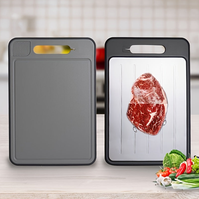 Double-Sided Defrosting Board with Aluminum and Plastic Construction, Includes Garlic Grinder and Knife Sharpener - Ideal for Thawing Frozen Meat