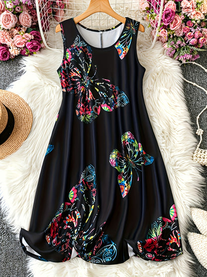 Butterfly printed vest dress with crew neck, medium stretch, made of polyester knit fabric, perfect for summer, 200g/㎡.