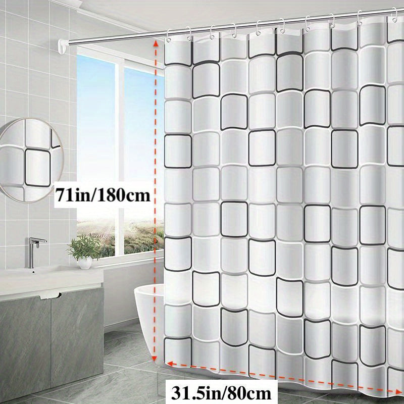 Lightweight plastic shower curtain with hooks and metal grommets, suitable for bathroom and window decoration.