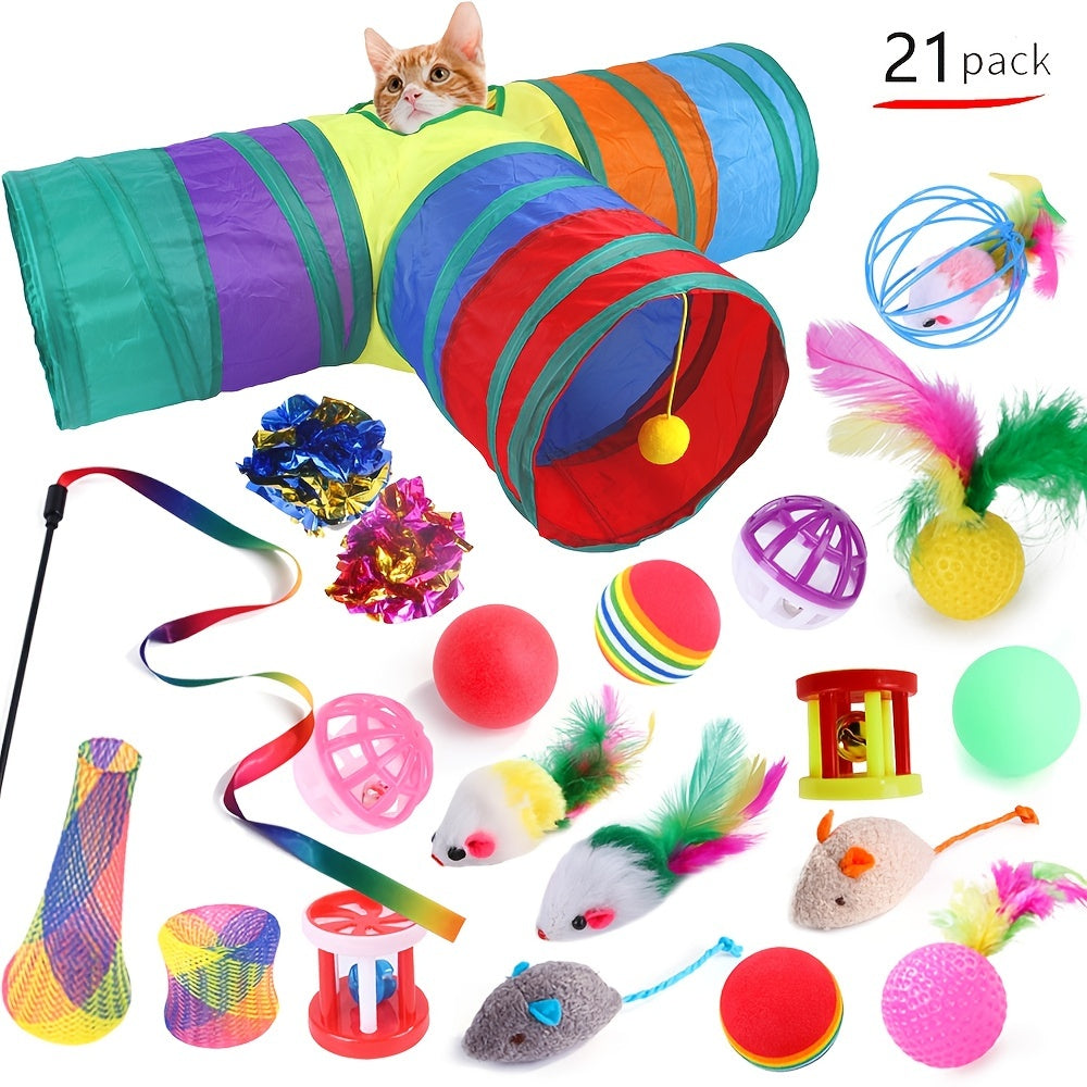 Myuilor Cat Toys Kitten Set includes Interactive Collapsible 3 Way Cat Tunnels and Cat Feather Toy, made of Polyester and does not require batteries.