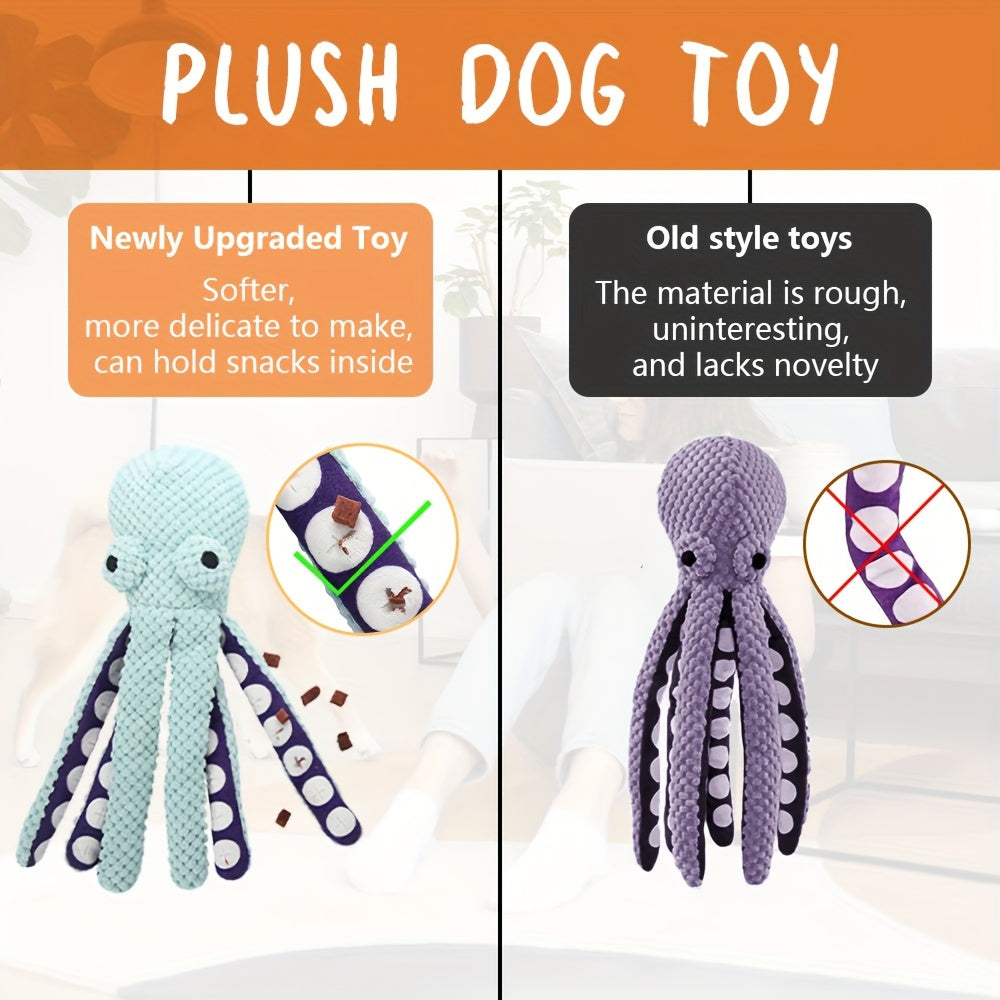 Interactive plush octopus dog toy makes sounds and is suitable for all breeds, no batteries needed.