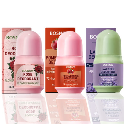 Set of 3 deodorants with Rose, Pomegranate, and Lavender. Made with plant ingredients for deep moisturizing and gentle care. Natural, lasting fragrance to say goodbye to odor. Experience a