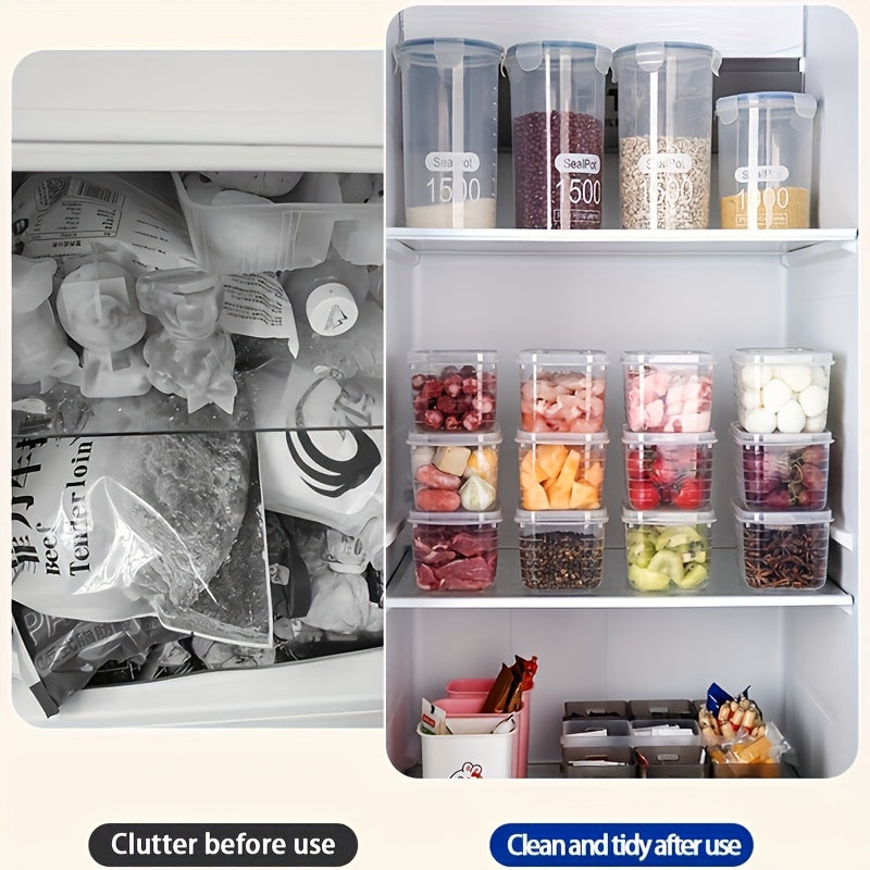 Five clear plastic food storage containers, ideal for organizing your fridge or taking on the go. Constructed from food-safe PP material.