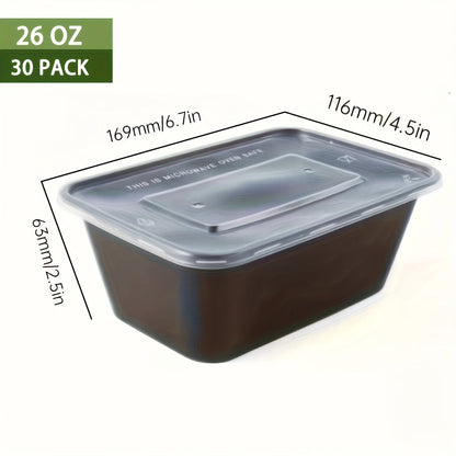 30 pieces of plastic black boxes with lids in 17, 22, and 26 ounce sizes. These rectangular food storage containers are BPA free and come with leakproof covers. They are stackable and microwave-safe, making them ideal for storing food. Perfect for use as