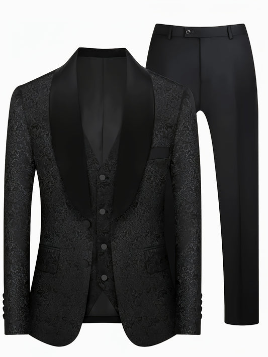 Men's Plus Size 3-piece Shawl Collar Suit - Polyester, Solid Color, Regular Fit, Suitable for Formal Events in Spring/Fall.