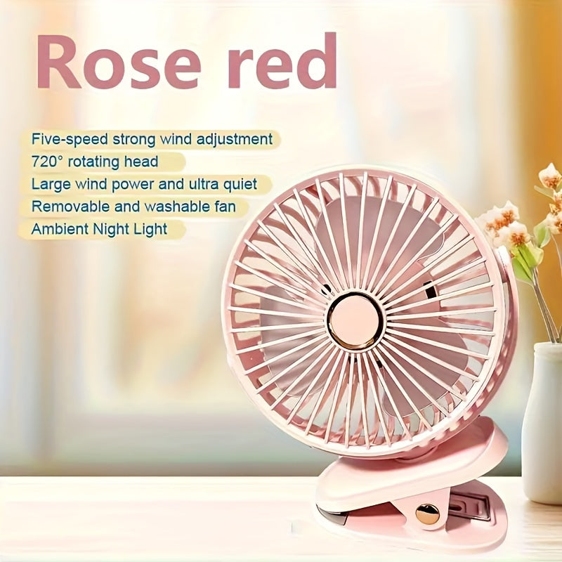 Portable silent desktop fan featuring powerful wind, energy-efficient biomimetic fan blades, five-speed wind adjustment, built-in battery with long-lasting USB charging, 720-degree adjustable air supply, and a 6-inch extra-large air outlet.