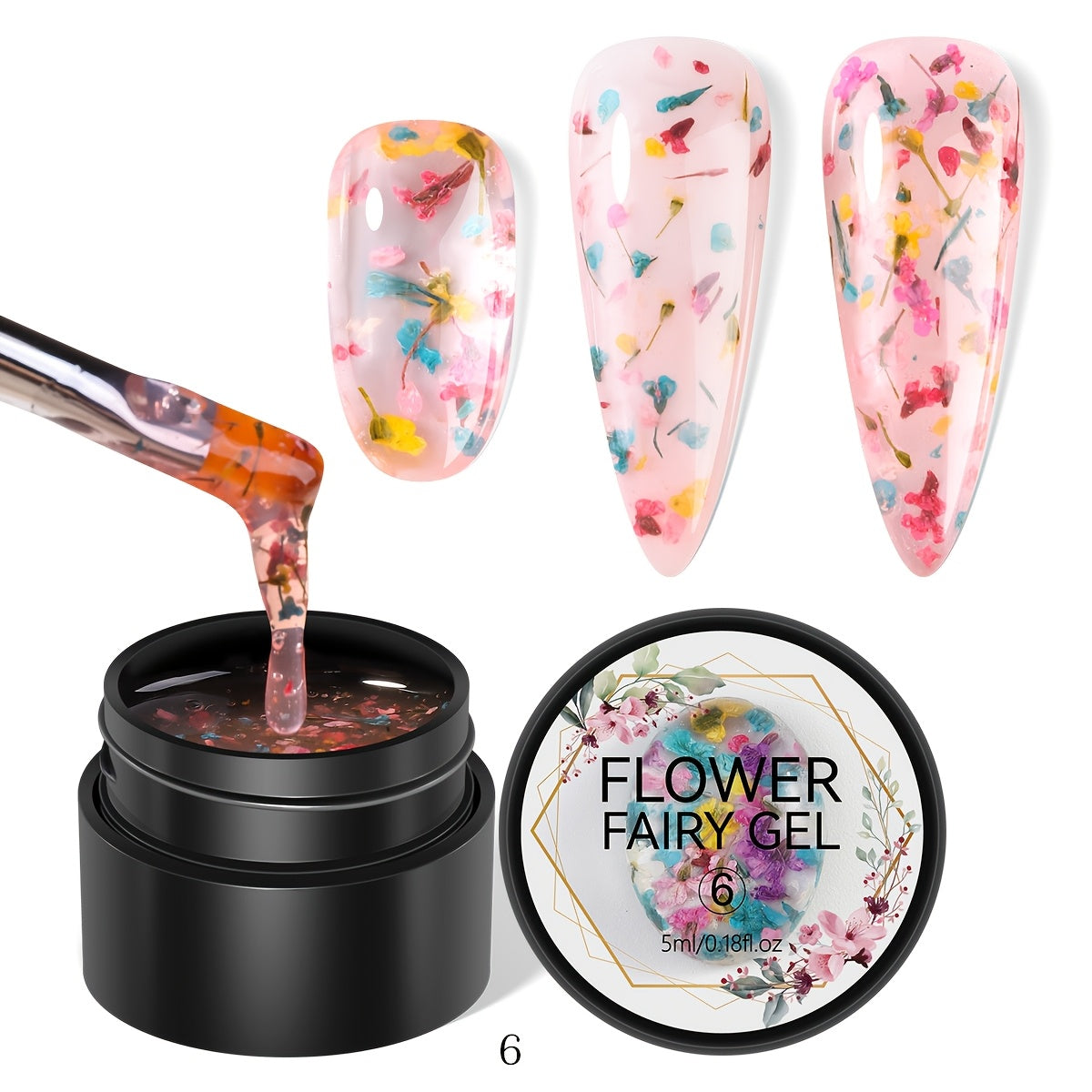 1 bottle of unscented metal compatible soak-off gel nail polish with dried flower design in colors of pink, red, yellow, and blue. Ideal for DIY manicures and nail art.