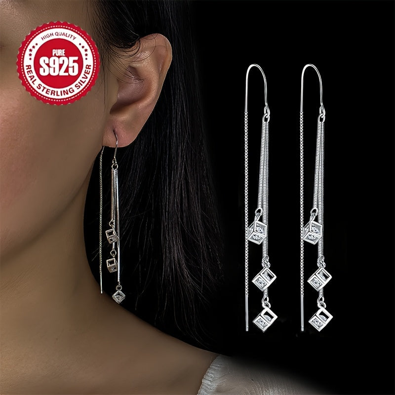 A set of women's fashion stud earrings, featuring long tassels and square hooks, perfect for a summer seaside wedding. Made of hypoallergenic 925 silver, these lightweight earrings are suitable for daily wear, wedding banquets, seaside vacations