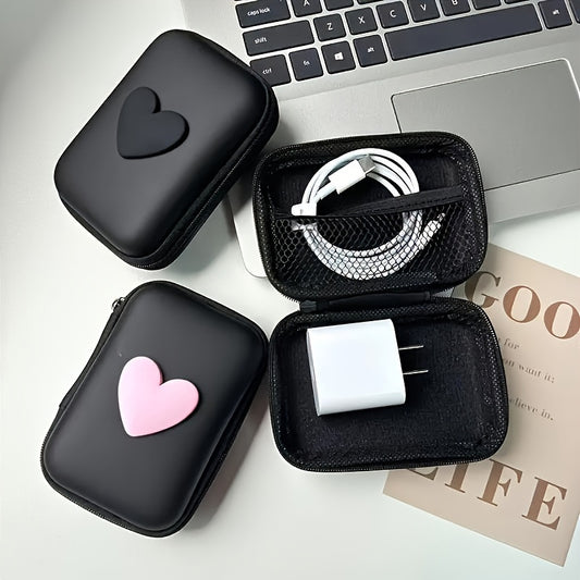 Heart-shaped storage bag for earphones, data cable, and charger with anti-fall zipper.