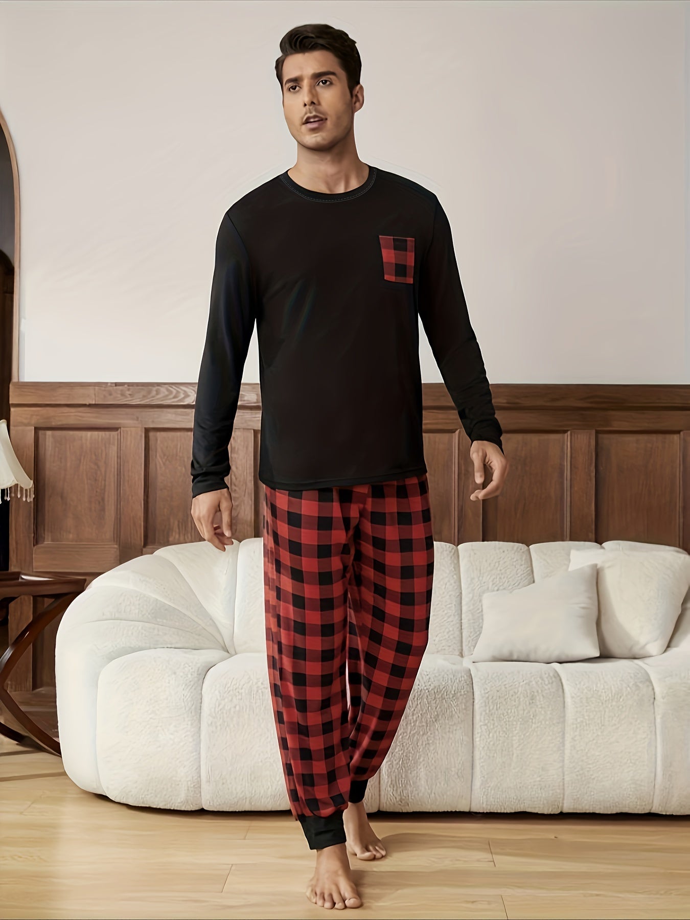 Men's Long Sleeve Plaid Pajama Set in Regular Fit made of Knitted Polyester Fabric with Round Neck, Stretchy, with Pockets for Autumn/Winter