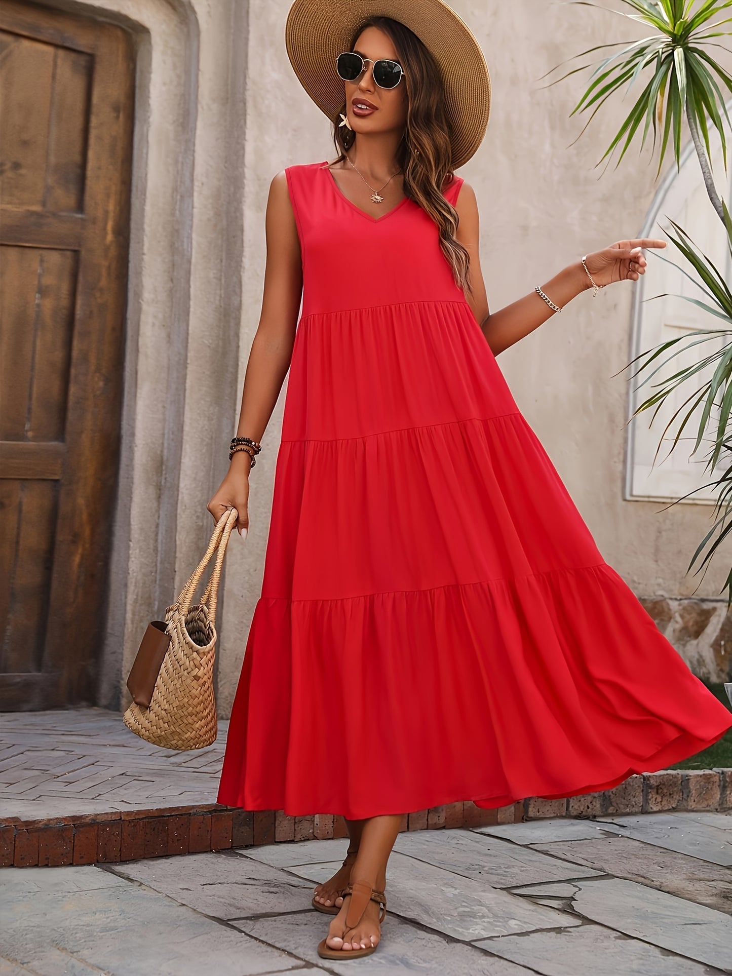 Loose V Neck Ruffle Hem Dress for Spring & Summer