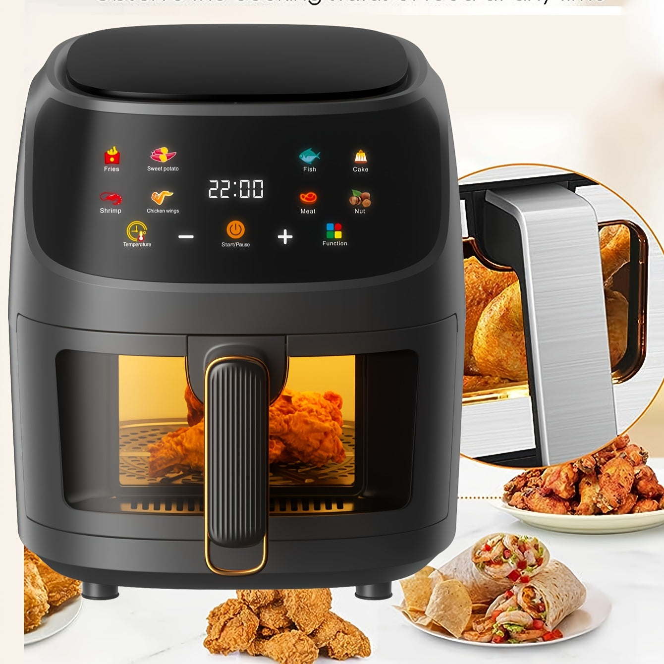 6 Qt Air Fryer Oven with 8 presets, European standard plug, touchscreen display, stainless steel basket, grill, broil, dishwasher safe parts, 1350W electric 220-240V.