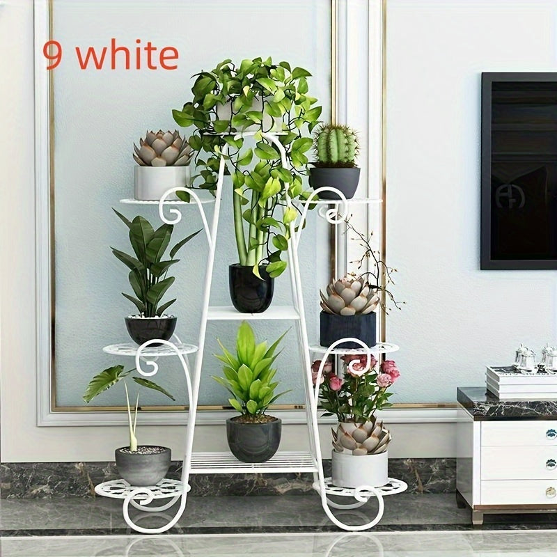 European-style metal plant stand with 9 tiers for indoor and outdoor use. Provides a decorative display for flower pots in the garden, balcony, or living room. Does not require electricity